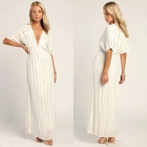 Lulus "Goddess Vibes" Ivory Gold Striped Dolman Sleeve Maxi Dress Medium